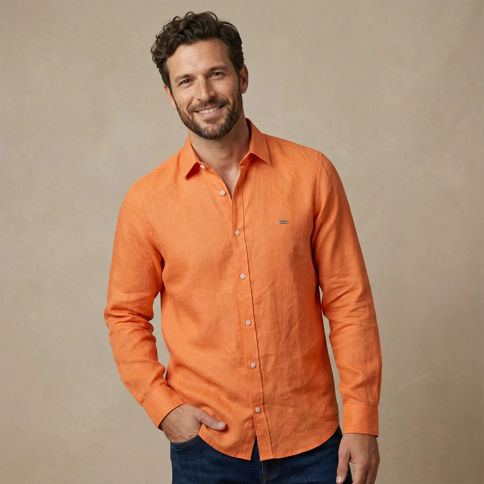 Camisa 100% Lino Mandarina - Imagen 2