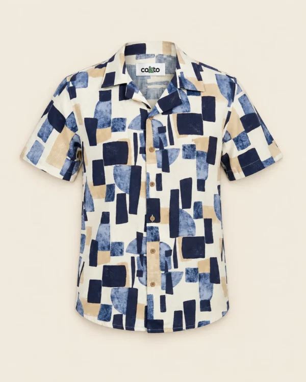 Camisa Duna Azul Cakto, camisa cuello sport estampada sobre fondo lino