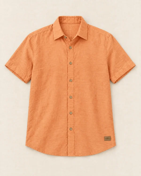 Camisa texturizada anaranjada Cakto sobre fondo lino, vista de frente