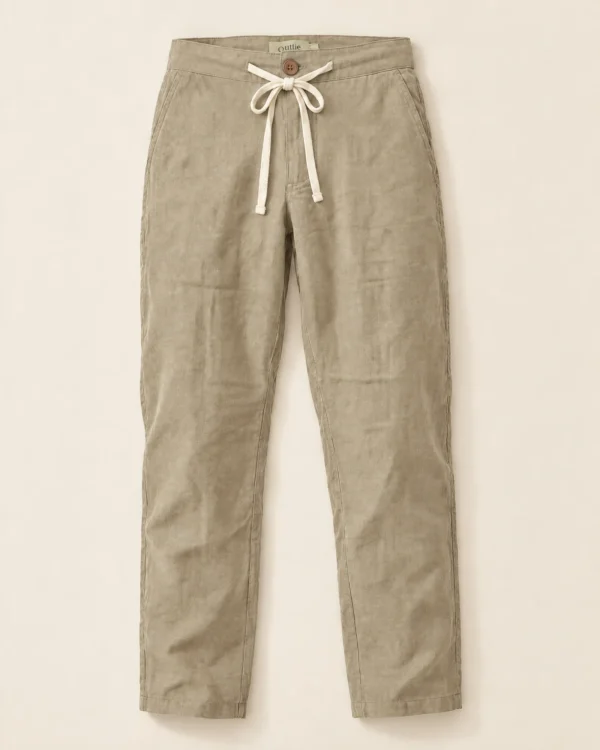 Pantalón de lino beige Cakto sobre fondo lino, vista de frente