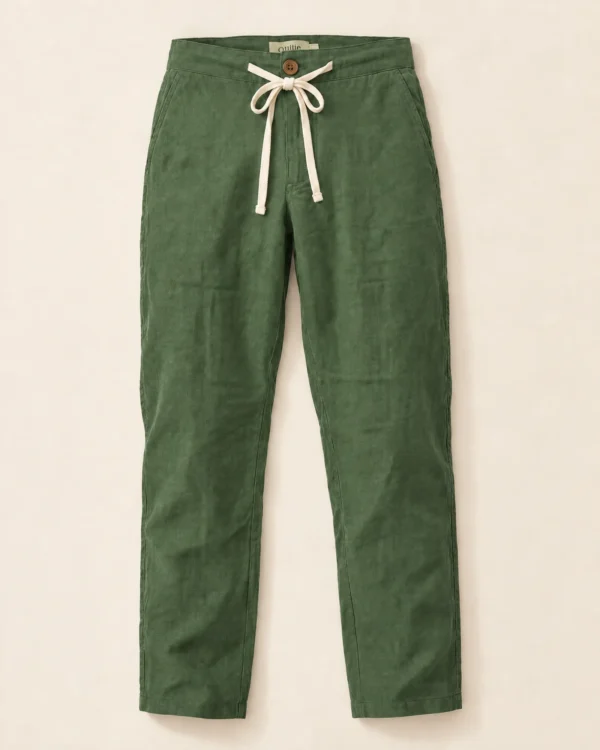 Pantalón de lino verde Cakto sobre fondo lino, vista de frente