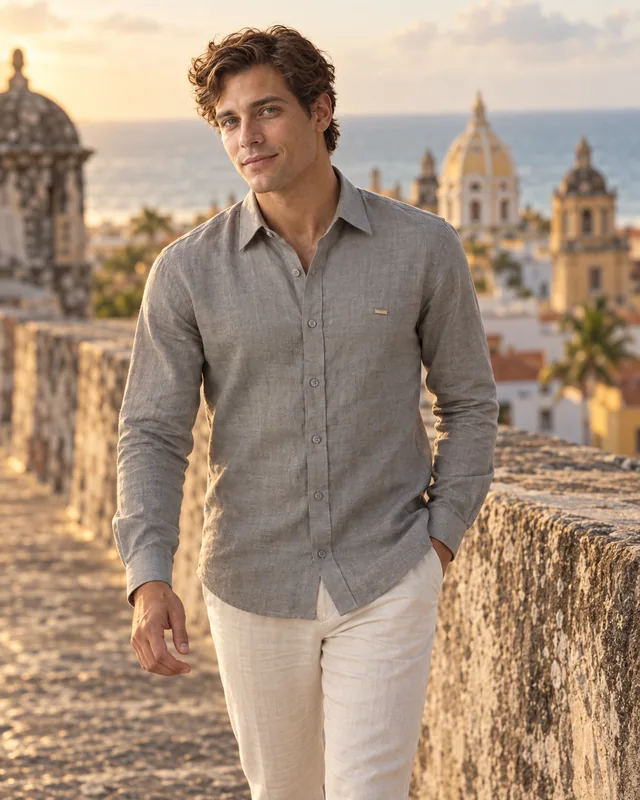 Camisa 100% lino gris en las murallas de Cartagena
