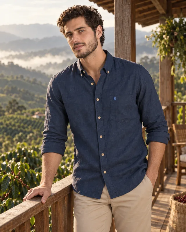 Camisa de manga larga azul en una finca cafetera del Huila